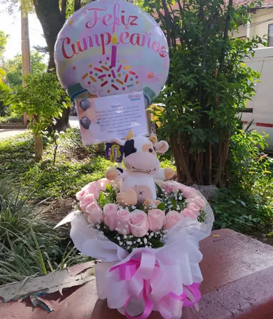 054-Arreglo de rosas con peluche y globo