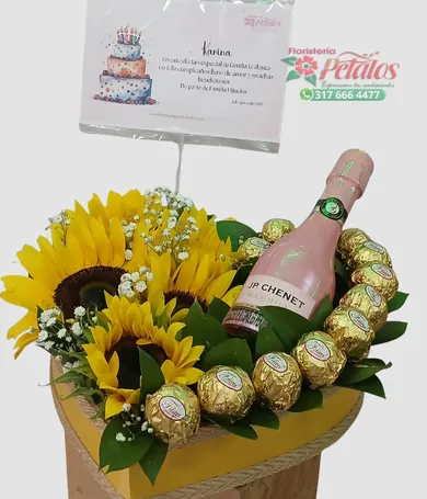 101-Corazon de girasoles con champagne y chocolates